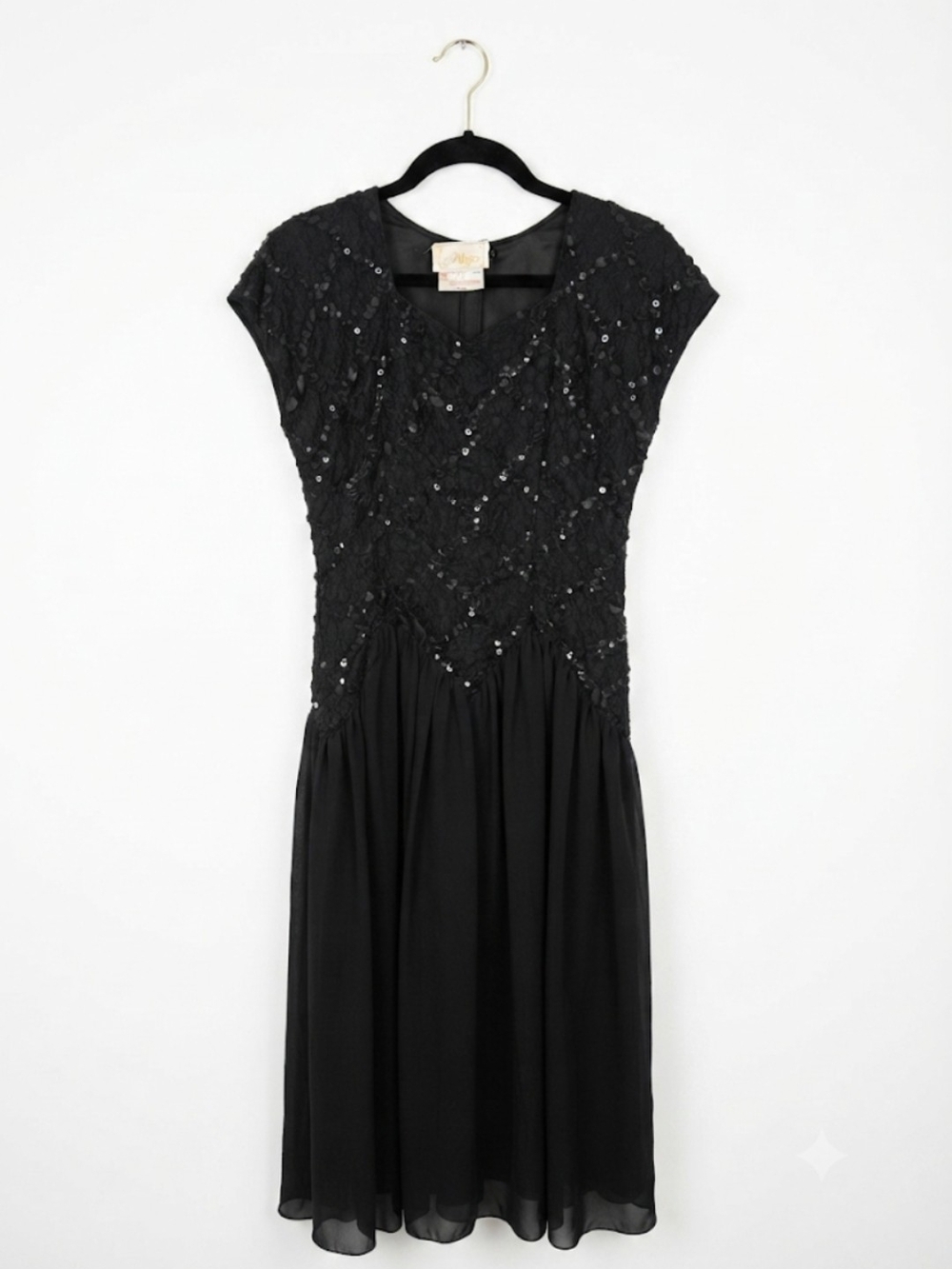 Black Sequin Lace Midi Dress with Cap Sleeves
